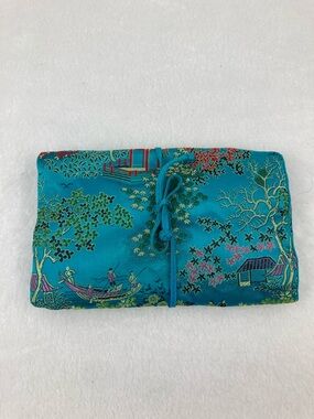 VTG Blue Satin Oriental Brocade Jewelry Travel Pouch 7” x 12”